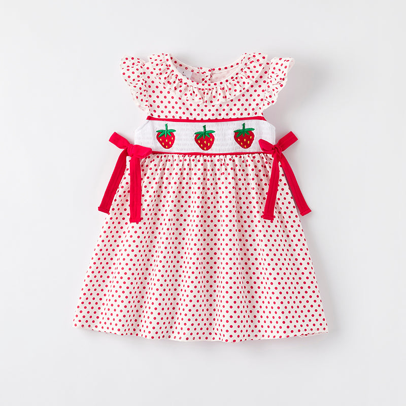 （In Stock）Girls Spring and Summer Strawberry Embroidery Smocked Dress