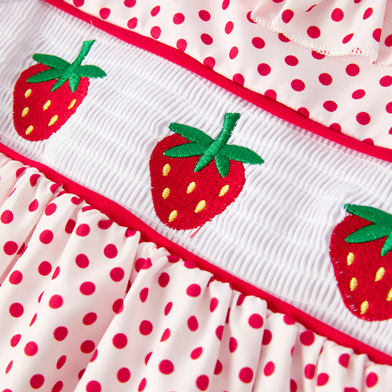 （In Stock）Girls Spring and Summer Strawberry Embroidery Smocked Dress