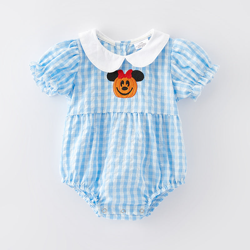 （In Stock E23-3-2） Baby Girls Halloween Pumpkin Embroidery Blue Plaid Romper