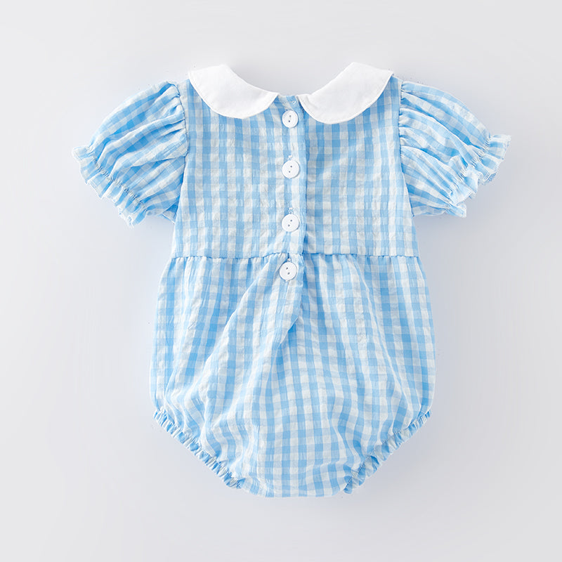 （In Stock E23-3-2） Baby Girls Halloween Pumpkin Embroidery Blue Plaid Romper