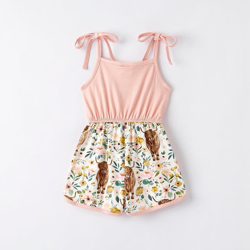 （In Stock）Girls Spring and Summer Bull Print Jumpsuit