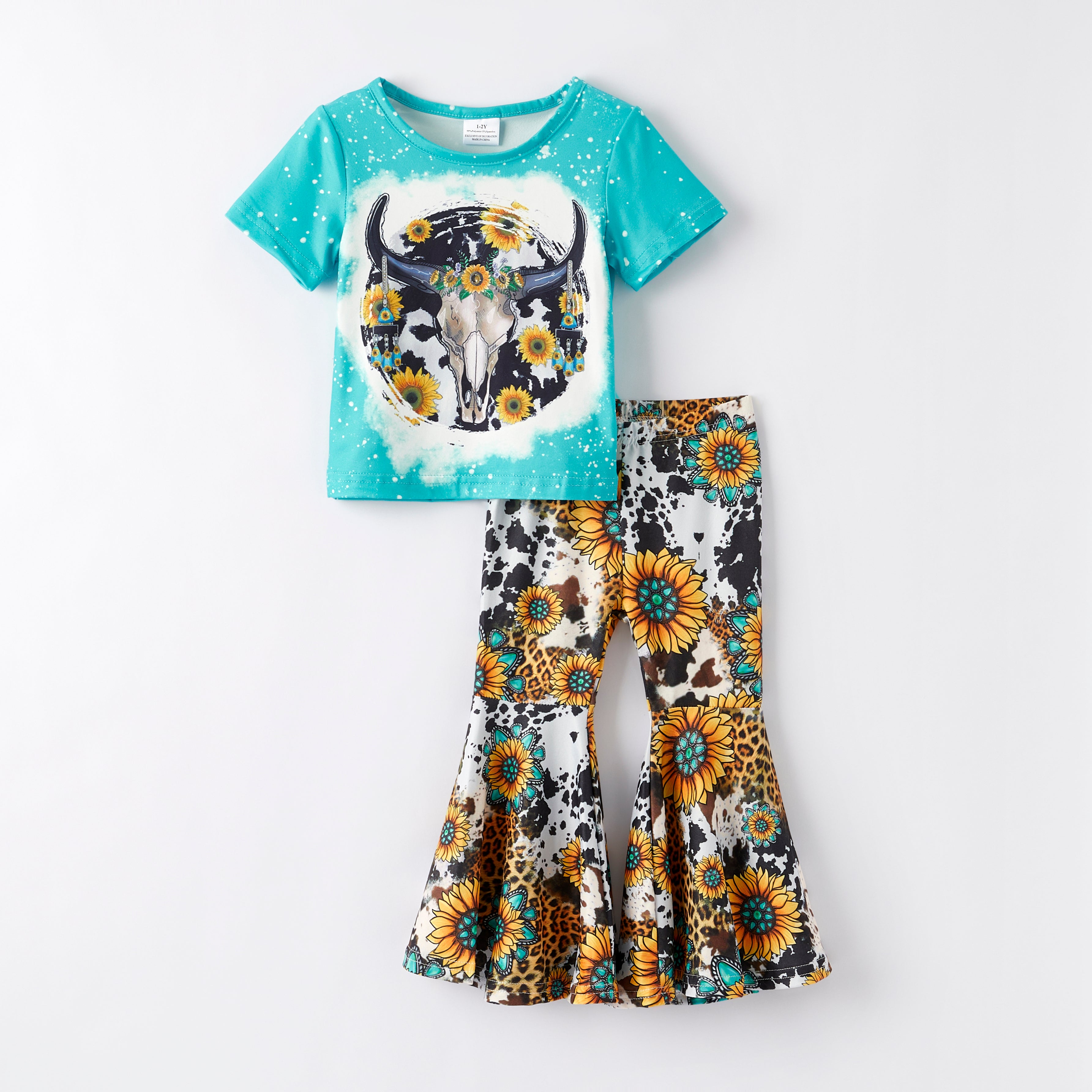 （In Stock）Girls Spring and Summer Sunflower Print Outfit Set