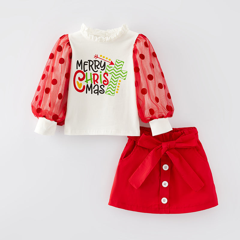 （In Stock L33-2-1）Girls Merry Christmas Print Skirt Set