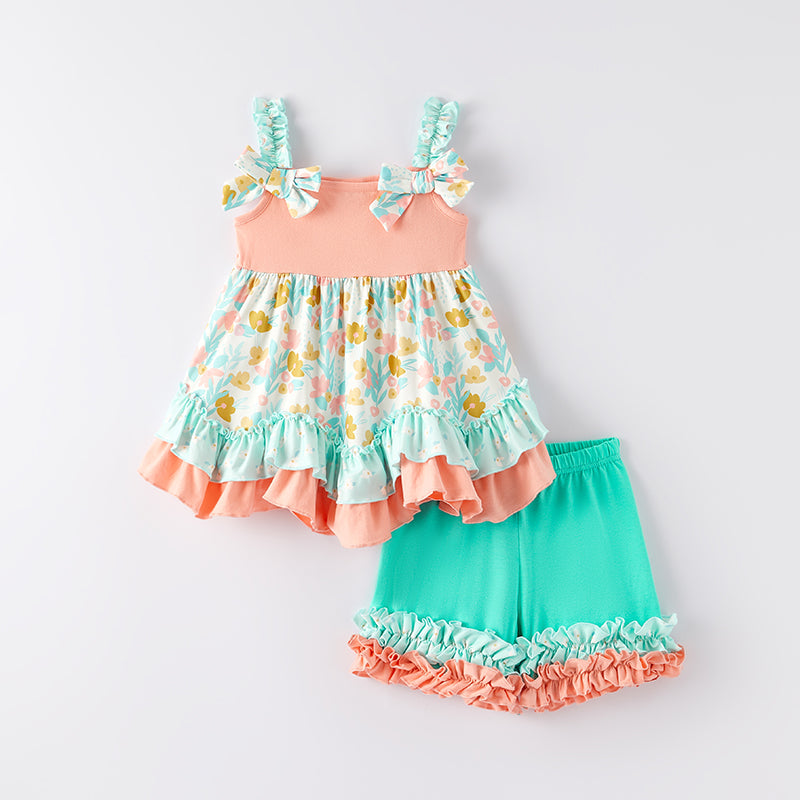 （In Stock）Girls Spring and Summer Floral Print Shorts Set