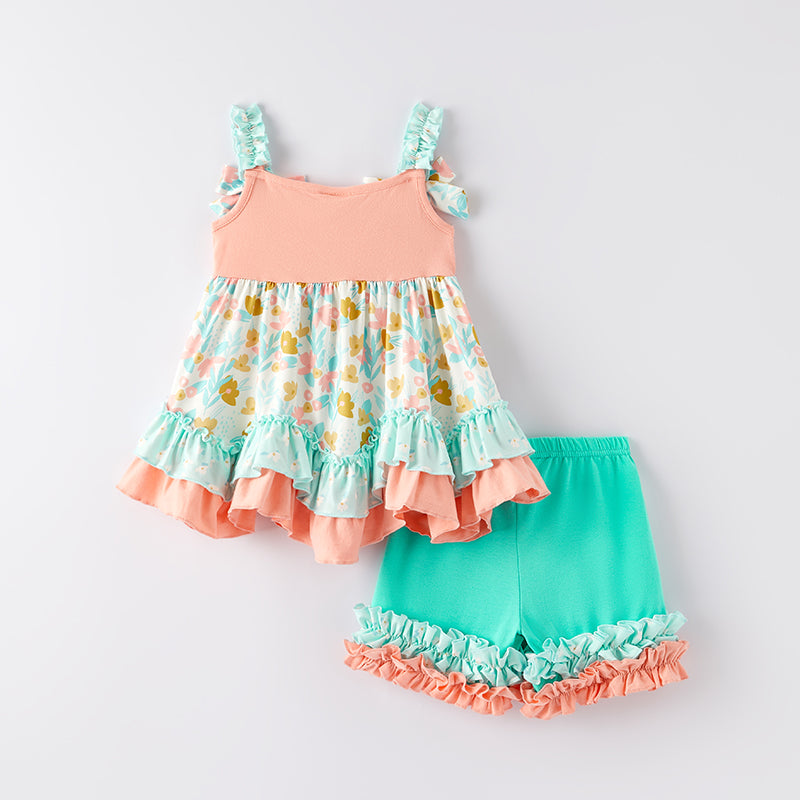 （In Stock）Girls Spring and Summer Floral Print Shorts Set