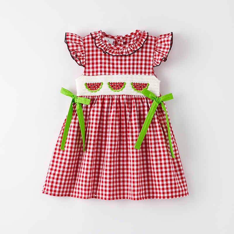 （In Stock）Girls Spring and Summer Watermelon Embroidery Smocked Dress