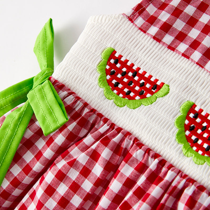 （In Stock）Girls Spring and Summer Watermelon Embroidery Smocked Dress