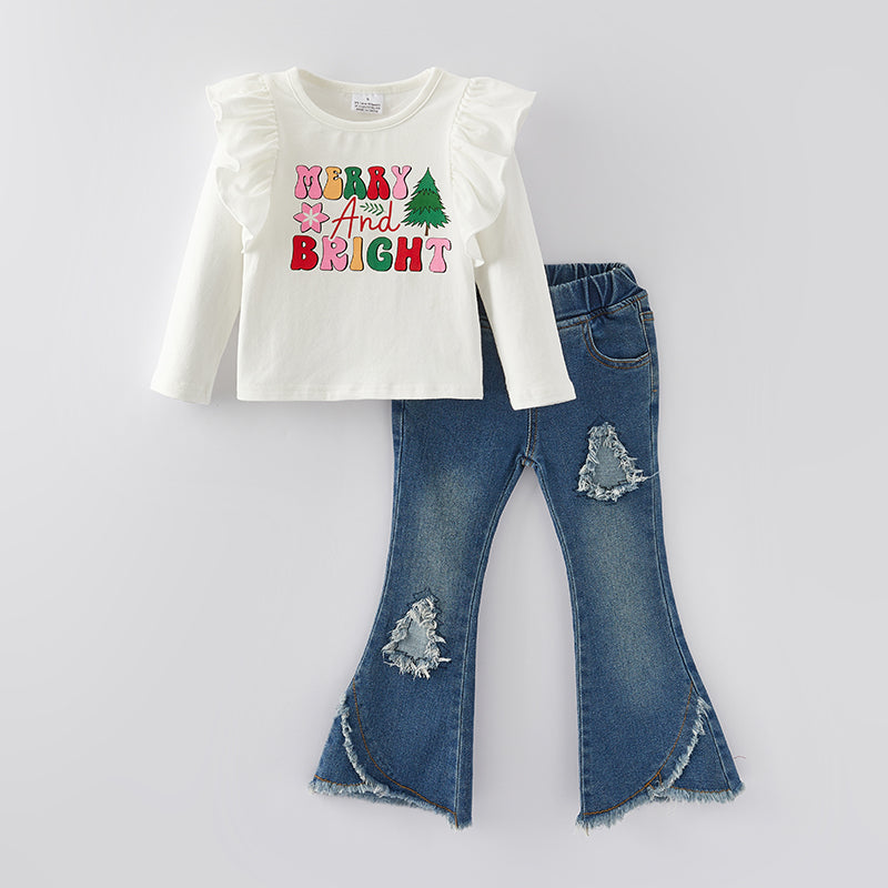 （In Stock Q13-3-2）Girls Christmas Print Denim Set