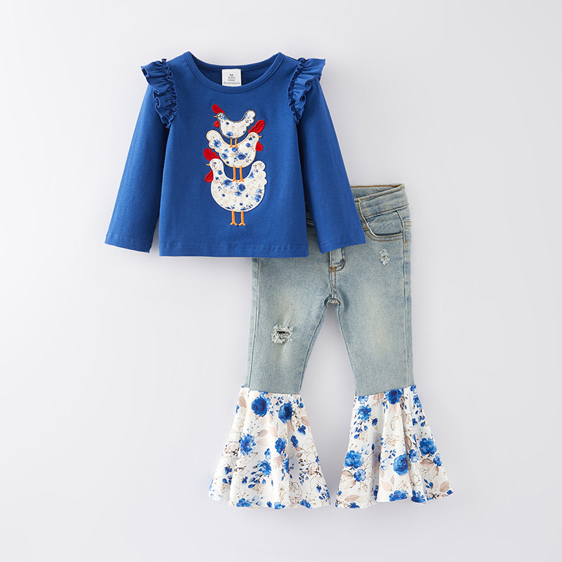 （In Stock Q11-1-2）One Pack(6 Pieces total) Sale Girls Fall Chick Applique Denim Set