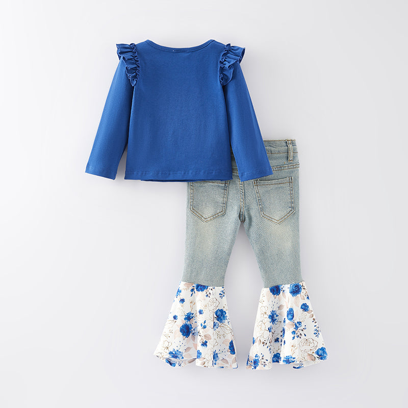 （In Stock Q11-1-2）One Pack(6 Pieces total) Sale Girls Fall Chick Applique Denim Set