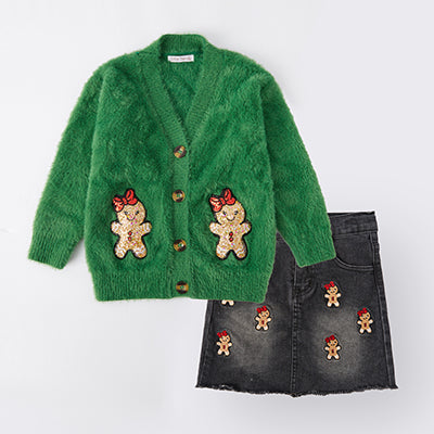 （In Stock A06）Girls Christmas Gingerbread Man Sequin Applique Cardigan and Denim Skirt