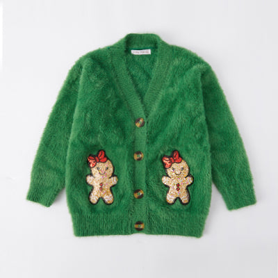 （In Stock A06）Girls Christmas Gingerbread Man Sequin Applique Cardigan and Denim Skirt