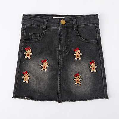 （In Stock A06）Girls Christmas Gingerbread Man Sequin Applique Cardigan and Denim Skirt