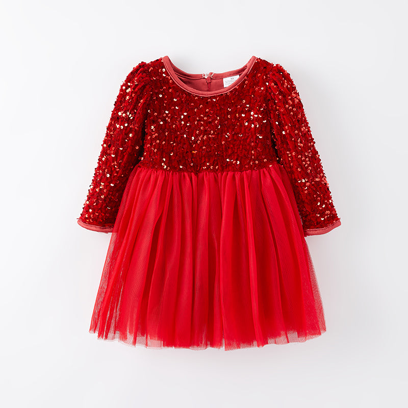 （In Stock E3-2-3）Girls Christmas Red Sequin Tulle Dress