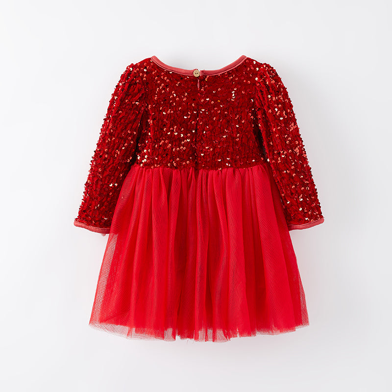 （In Stock E3-2-3）Girls Christmas Red Sequin Tulle Dress