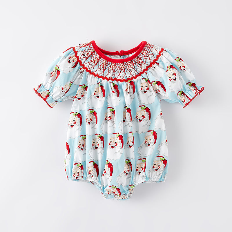 （In Stock L29-1-1）Baby Girls Christmas Santa Print Smocked Romper