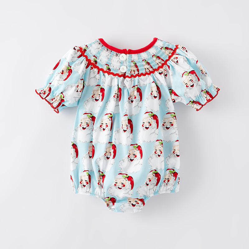 （In Stock L29-1-1）Baby Girls Christmas Santa Print Smocked Romper