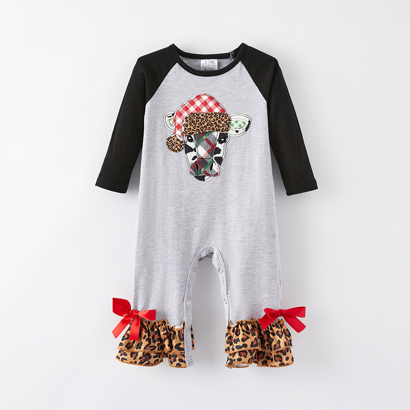 （In Stock L19-3-1）Baby Girls Christmas Cow Applique Romper