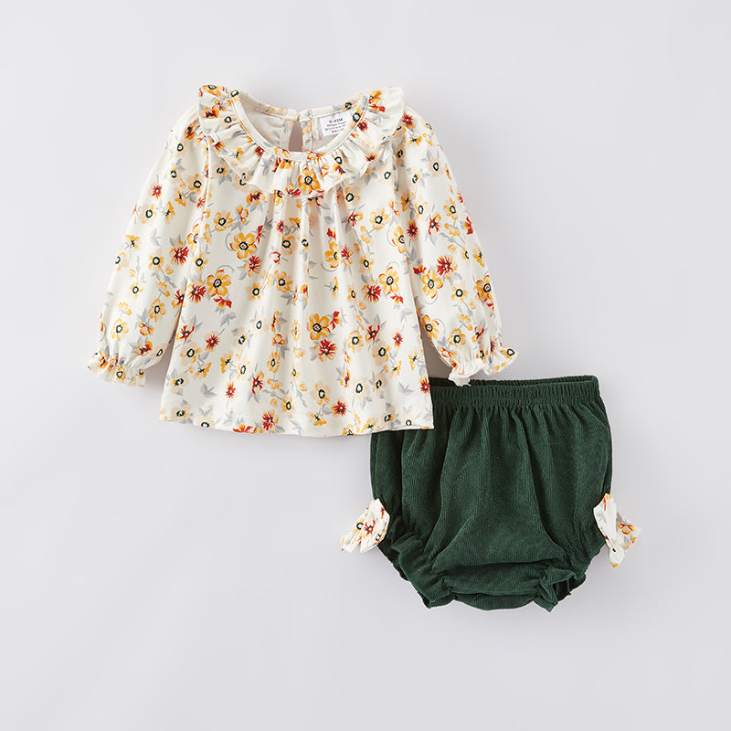 （In Stock Q12-3-2）Baby Girls Fall Floral Print Bloomer Set