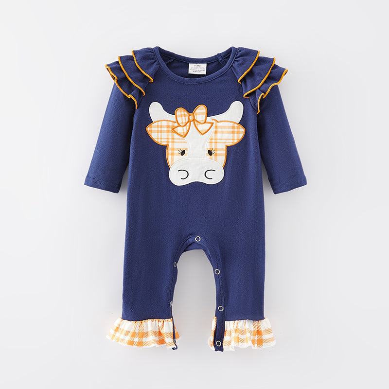 （In Stock Q11-4-2）Baby Girls Fall Cow Applique Romper