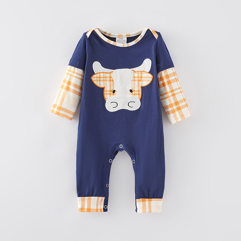 （In Stock Q11-5-2）Baby Boys Fall Cow Applique Romper