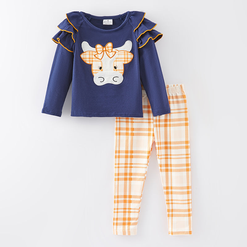 （In Stock Q11-5-2）Girls Fall Cow Applique Outfit Set