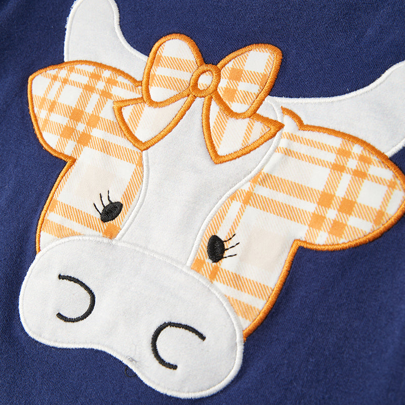 （In Stock Q11-5-2）Girls Fall Cow Applique Outfit Set