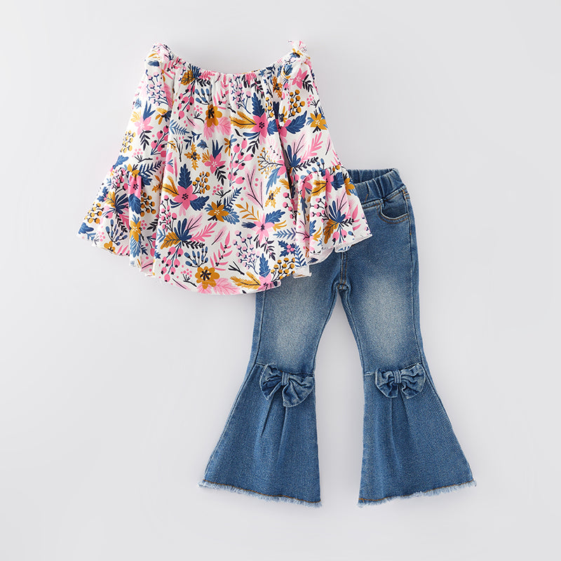 （In Stock Q12-2-2）Girls Fall Floral Print Denim Set