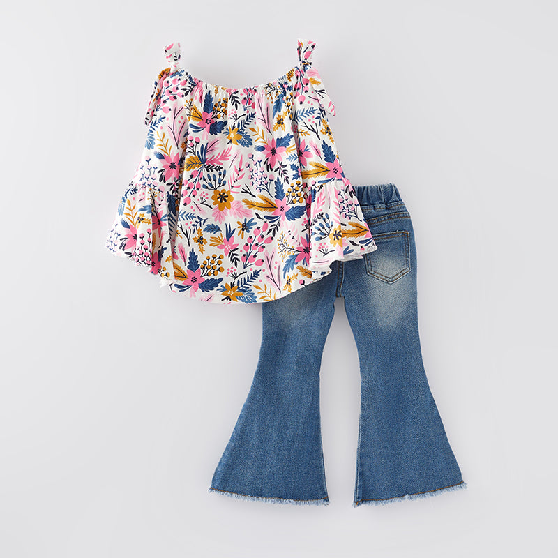 （In Stock Q12-2-2）Girls Fall Floral Print Denim Set