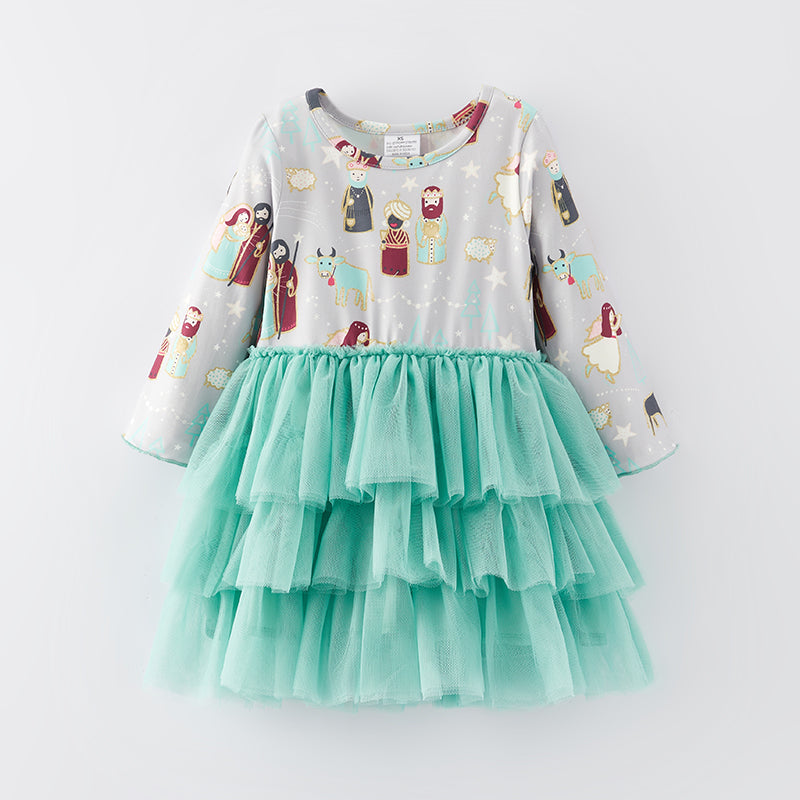 （In Stock E34-1-3）Girls Christmas Print Tulle Dress