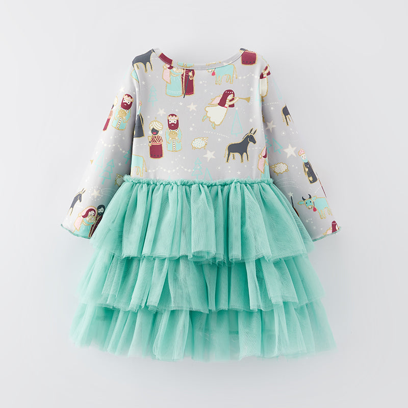 （In Stock E34-1-3）Girls Christmas Print Tulle Dress