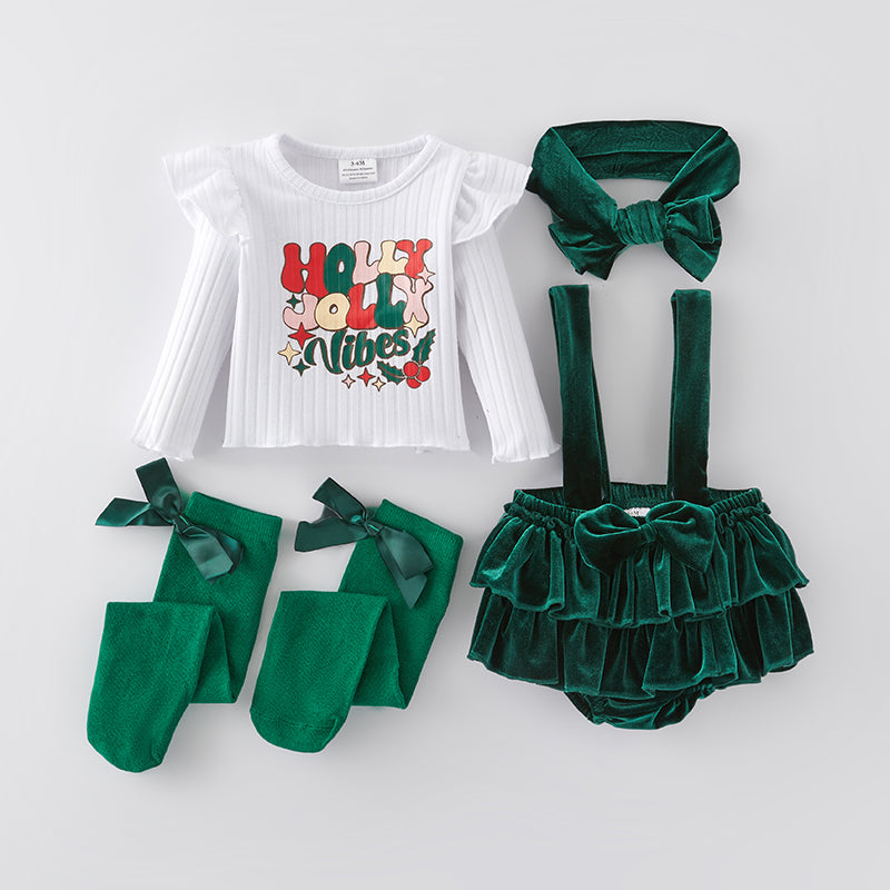 （In Stock E34-4-1）Baby Girls Christmas Holly Jolly Print Bloomer Set