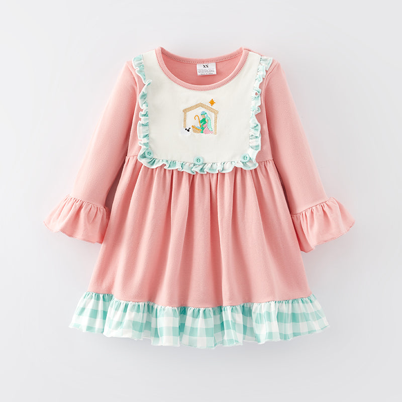 （In Stock E34-2-2）Girls Christmas Embroidery Cotton Dress