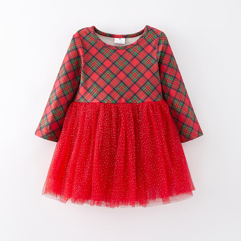 （In Stock E34-4-3）Girls Christmas Plaid Tulle Dress