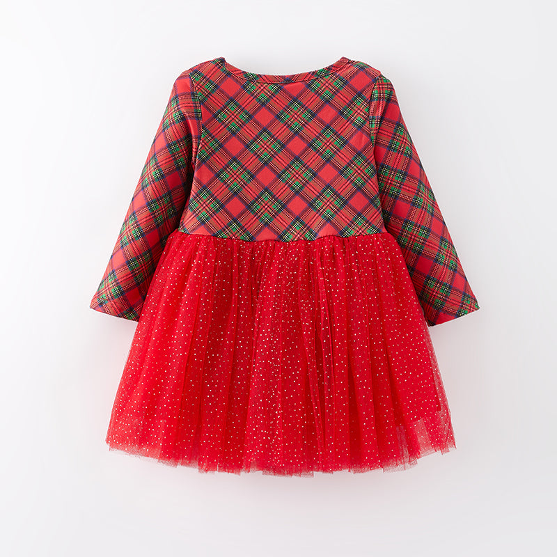 （In Stock E34-4-3）Girls Christmas Plaid Tulle Dress