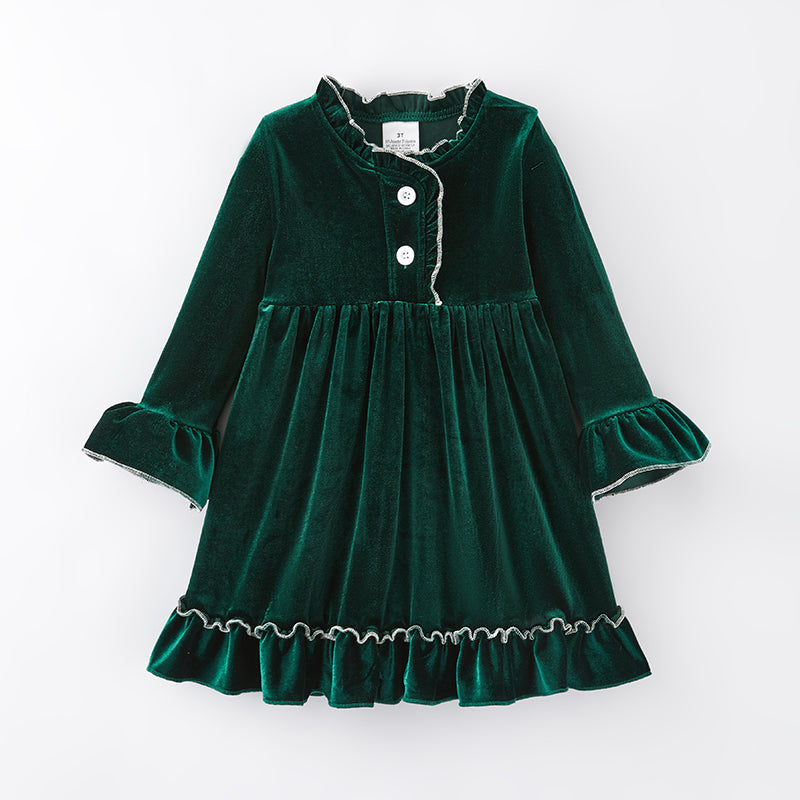 （In Stock A1-2-1）Girls Christmas Green Velvet Dress