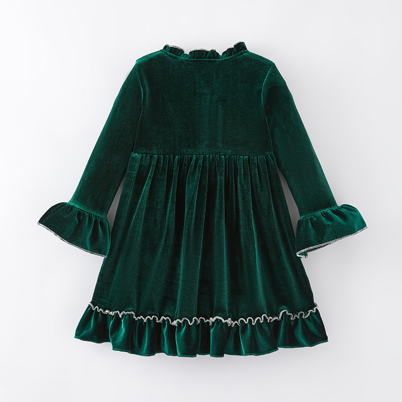 （In Stock A1-2-1）Girls Christmas Green Velvet Dress