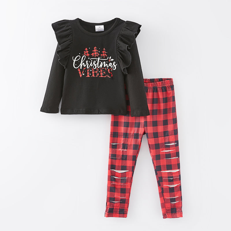 （In Stock E35-3-2）Girls Christmas Print Outfit Set