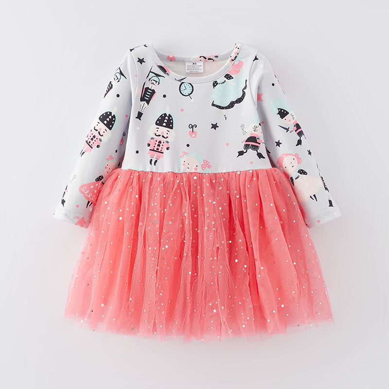 （In Stock E35-3-2）Girls Christmas Print Tulle Dress