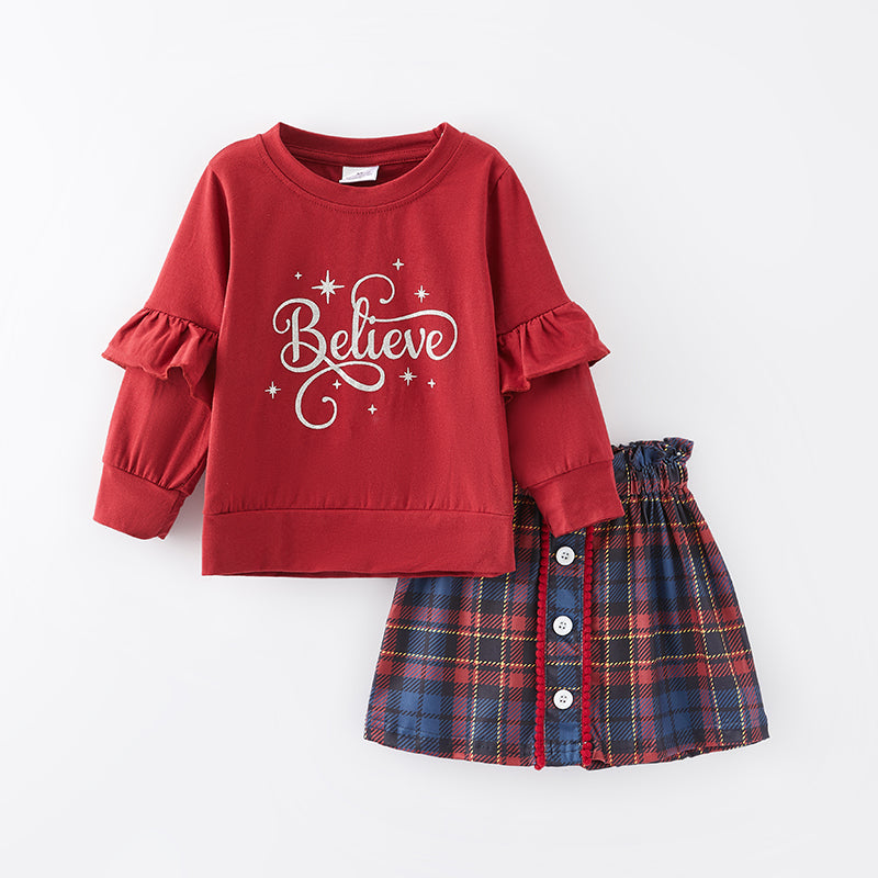 （In Stock E35-6-2）Girls Christmas Believe Print Skirt Set