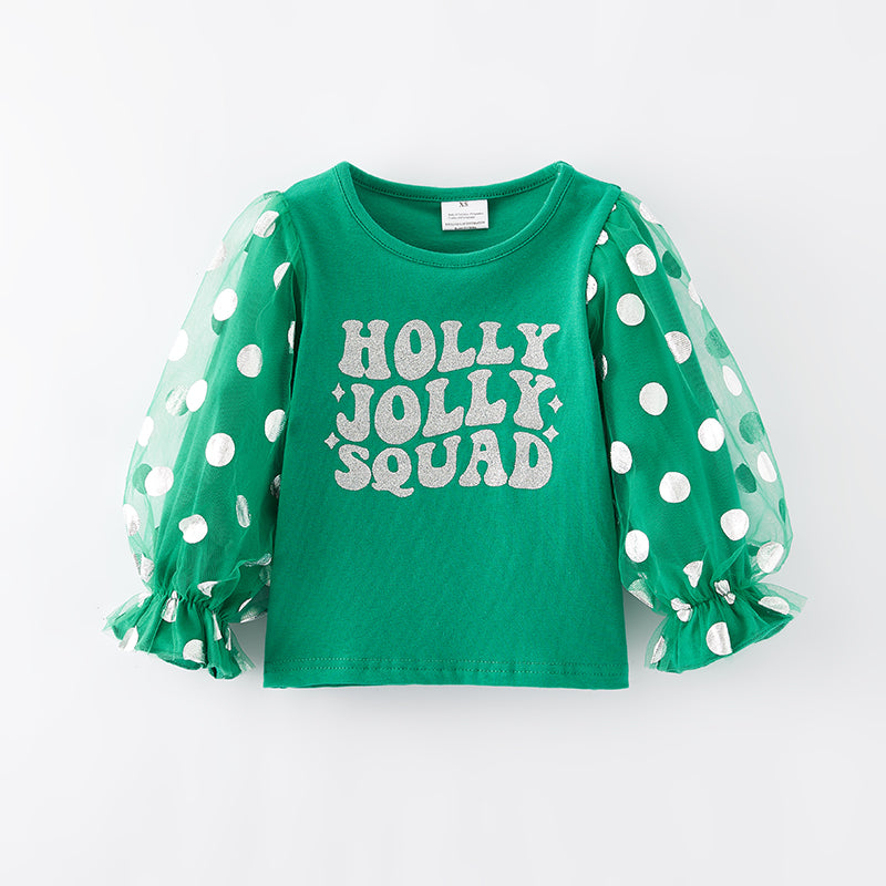 （In Stock E36-5-2）Girls Christmas Holly Jolly Print Top