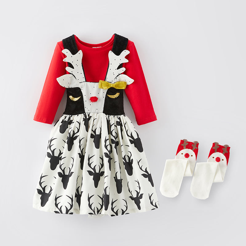 （In Stock G25-1-1）Girls Christmas Elk Suspender Dress with Socks