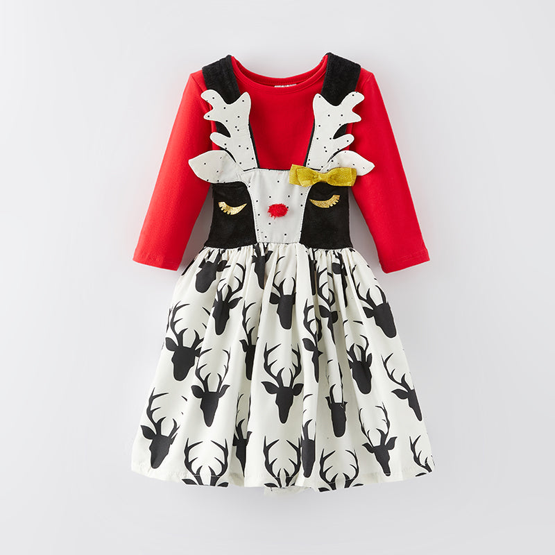 （In Stock L16-2-3）Girls Christmas Elk Suspender Dress