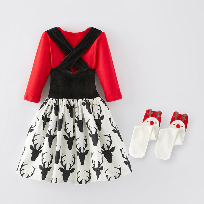 （In Stock G25-1-1）Girls Christmas Elk Suspender Dress with Socks