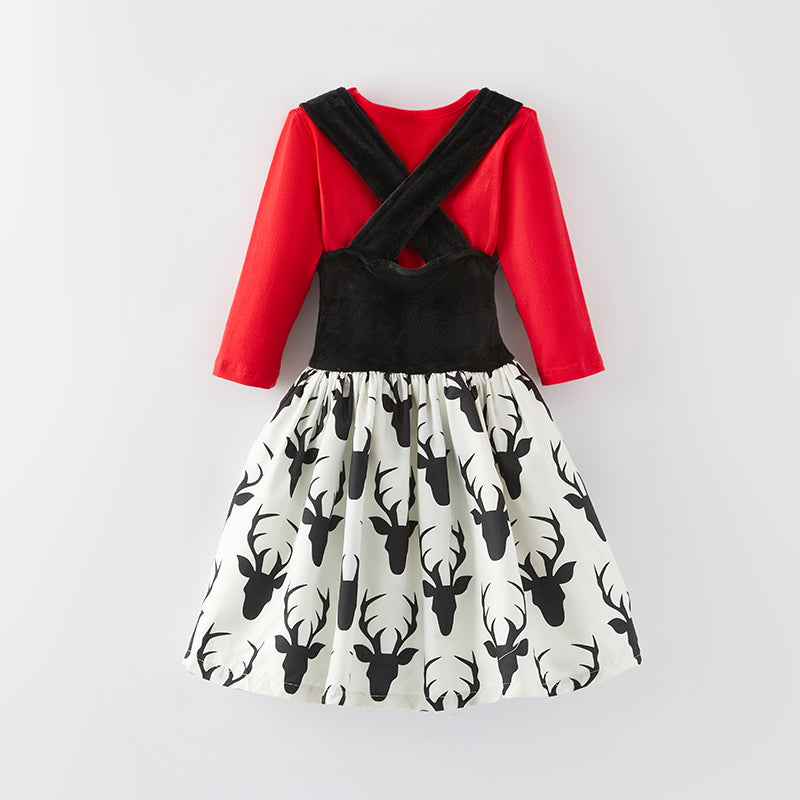 （In Stock L16-2-3）Girls Christmas Elk Suspender Dress