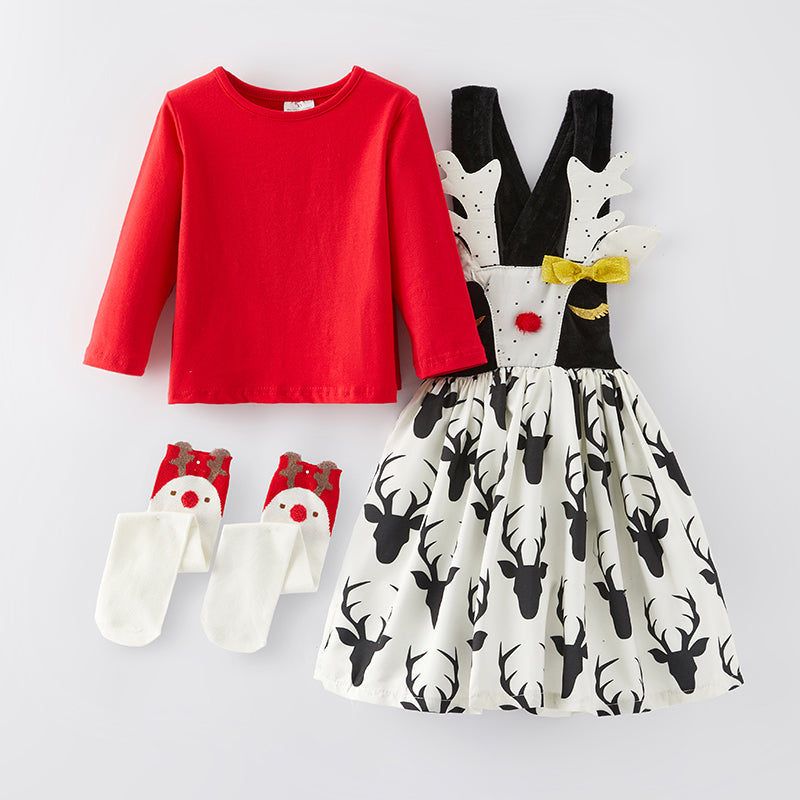 （In Stock G25-1-1）Girls Christmas Elk Suspender Dress with Socks