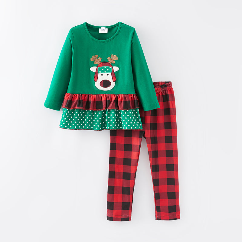 （In Stock L15-3-2）Girls Christmas Elk Applique Outfit Set