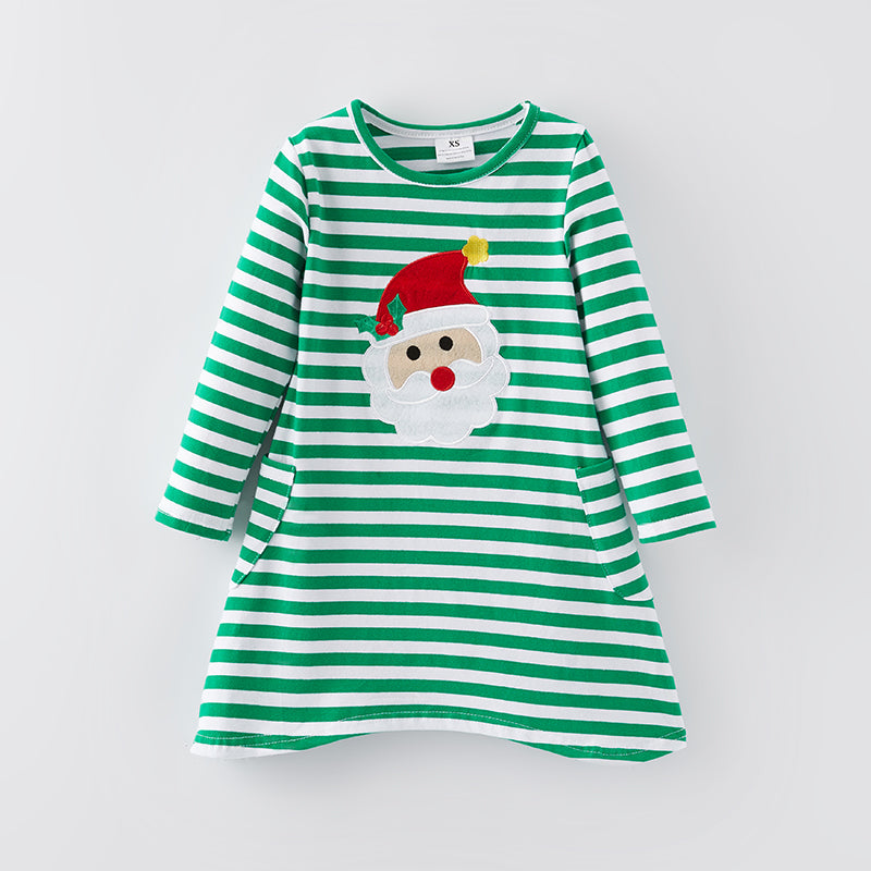 （In Stock G23-2-1）Girls Christmas Santa Applique Green Stripe Dress