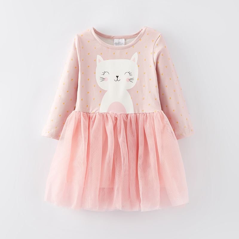 （In Stock L22-2-1）Girls Fall Kitty Print Tulle Dress