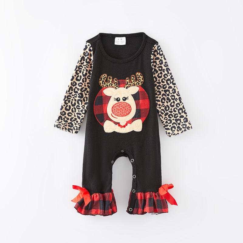 （In Stock L35-1-2）Baby Girls Christmas Elk Applique Romper